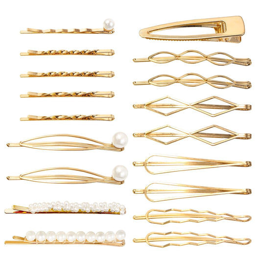 SHEHARUHI front view of 18-piece gold hair clip set showing variety and elegance