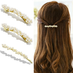 SHEHARUHI front view showing gold pearl barrettes, elegant accessory benefit