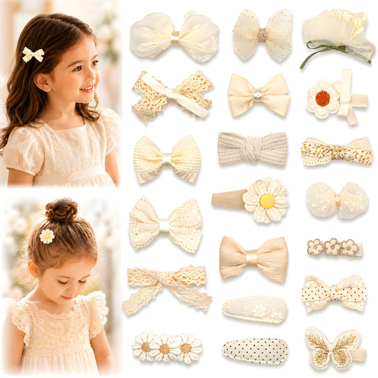 Shelbybox front packaging showing 20 beige and ivory bows, ideal for coordinated outfits