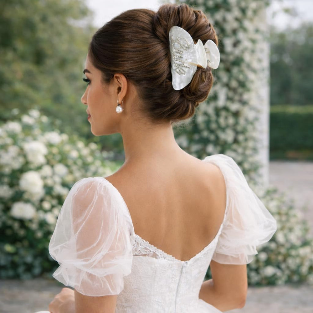 Shimmer Anna Shine worn in half-up hairstyle for photo-ready bridal styling
