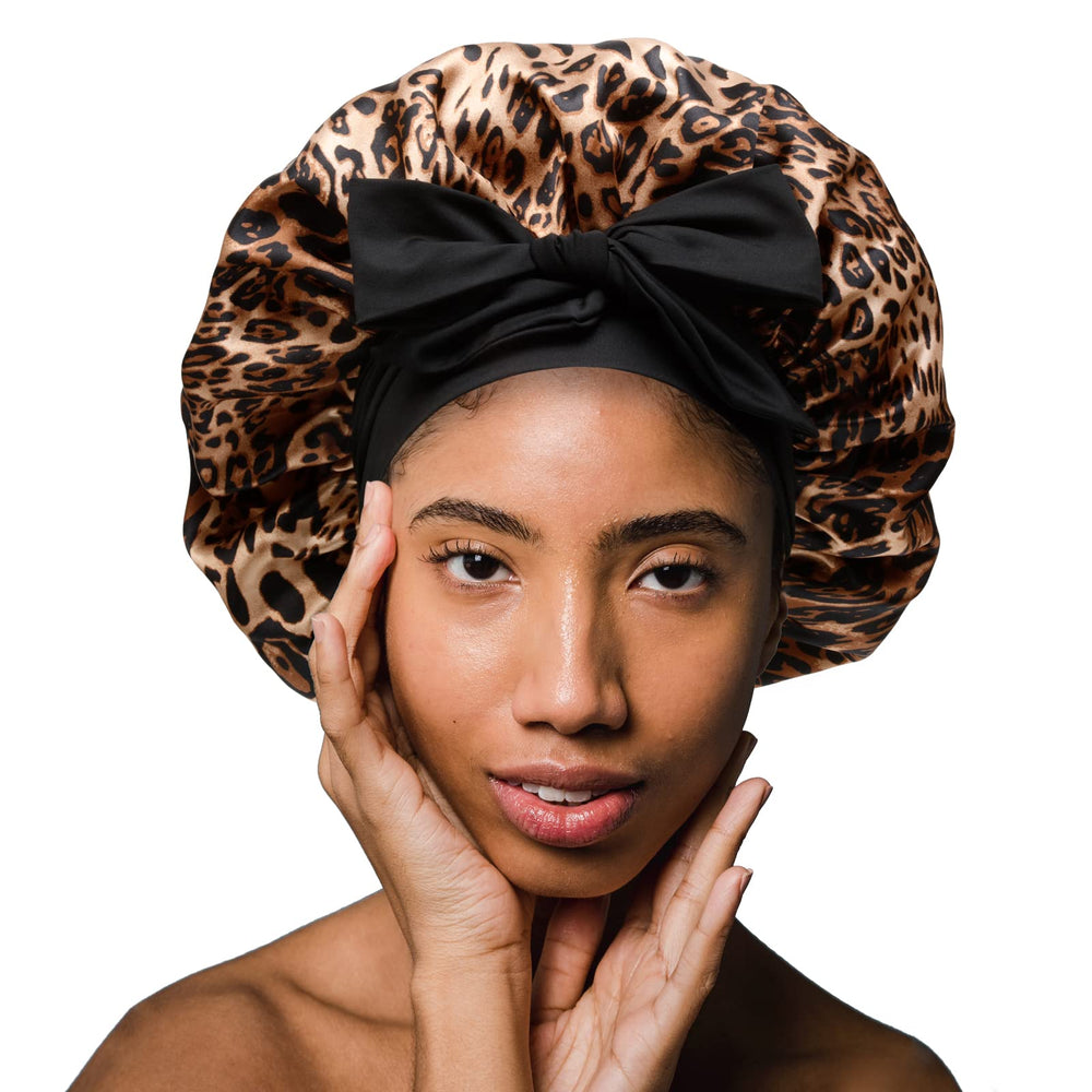 SHINEONME bonnet front view shows leopard print and secure fit benefit