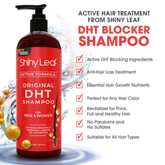 Shiny Leaf ingredients display with rosemary and biotin emphasizing DHT support