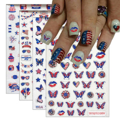 SHIQIXIANNV front packaging showing four patriotic nail sticker sheets and contents