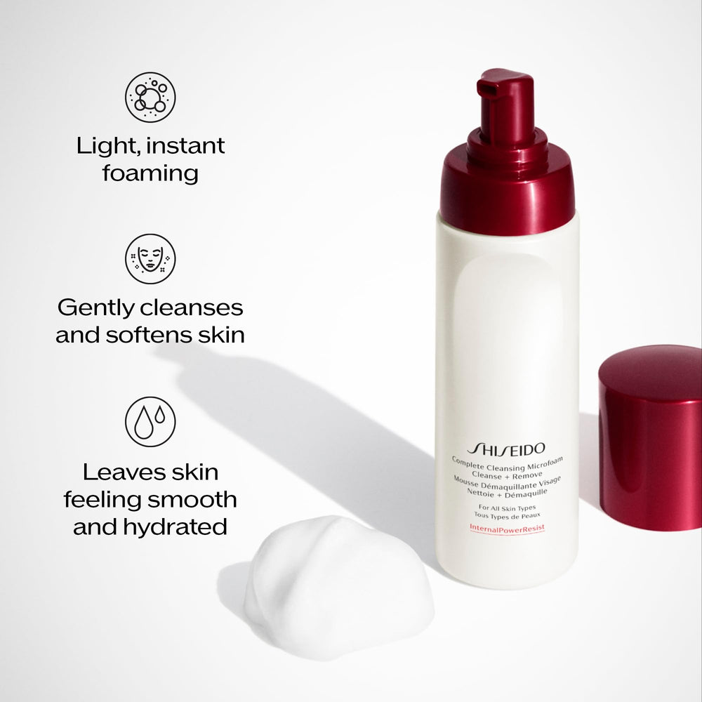 Shiseido dispensing foam in hand illustrating easy use and quick lather