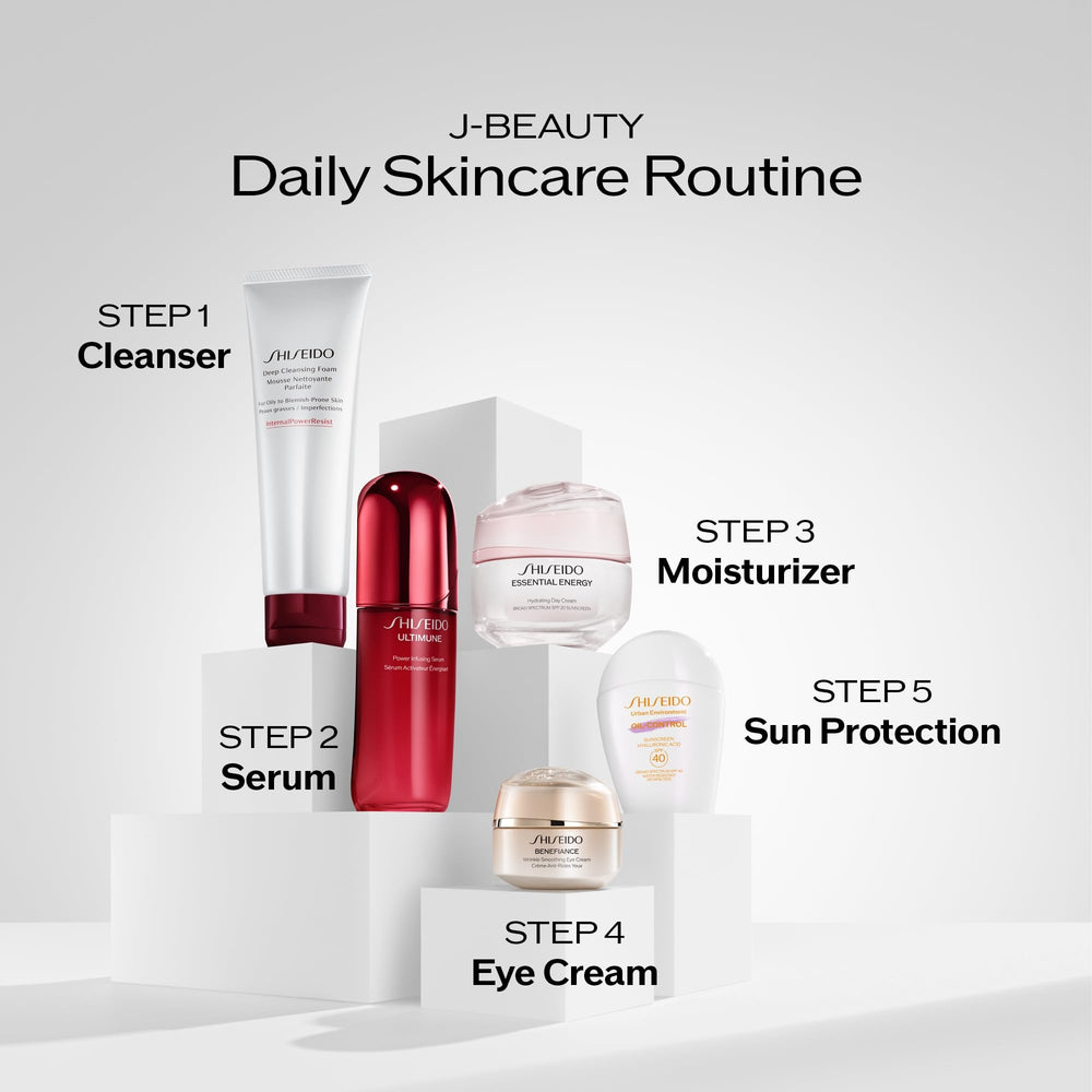 Shiseido ingredient highlights with peony and rice germ visuals conveying gentle nourishment
