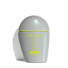 Shiseido tube front view showing medium shade and SPF benefits