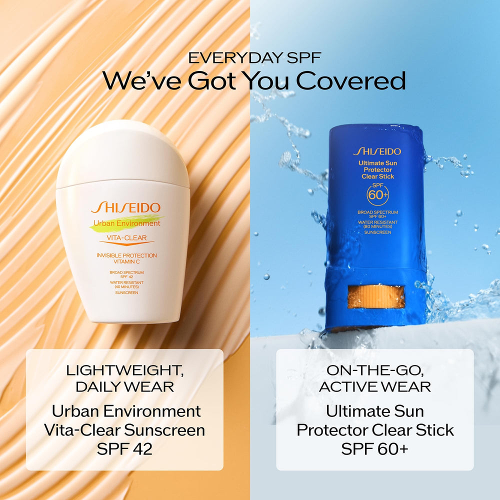 Shiseido 30 mL bottle next to coin illustrating compact travel size
