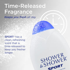 Shower To Shower held in hand to show scale and portable 13 oz size benefit