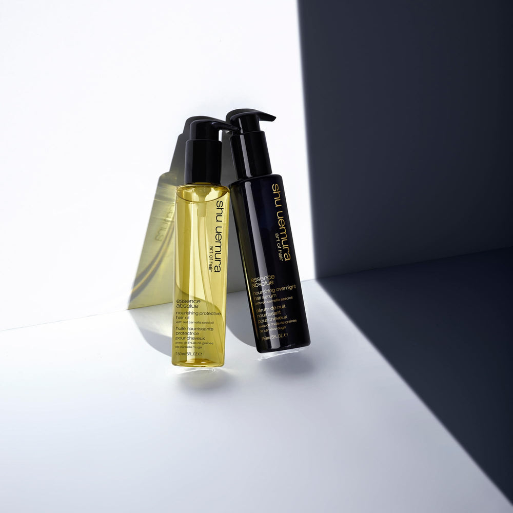shu uemura used in styling blowout illustrating heat protection and glossy finish