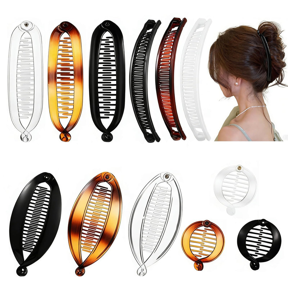 Shudyear front view of 12pc banana clip set showing vintage styling and multiple colors for versatility
