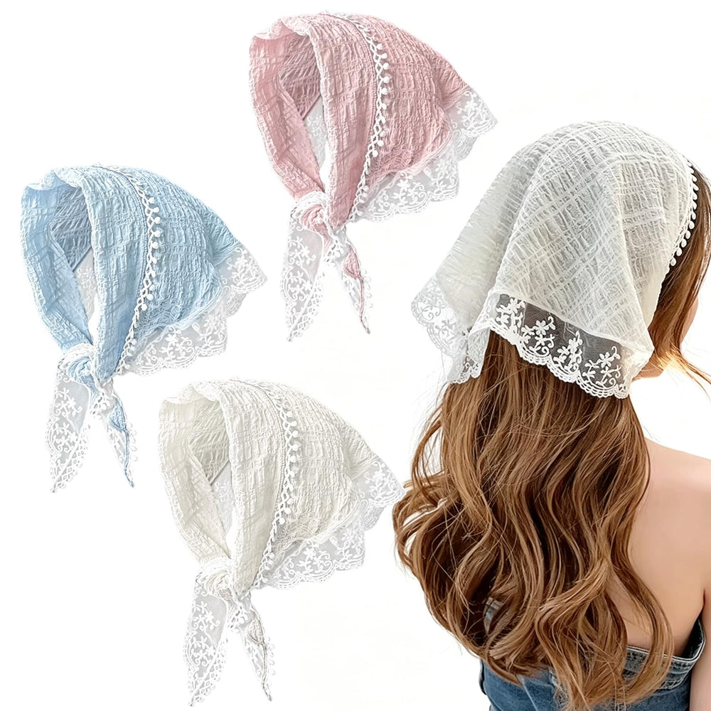 Shudyear front packaging showing three lace headscarves and easy selection benefit