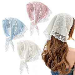 Shudyear front packaging showing three lace headscarves and easy selection benefit