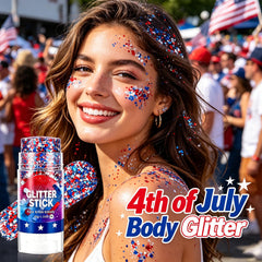 SHUNSHI glitter streaks on cheek in red white blue, instant festive look