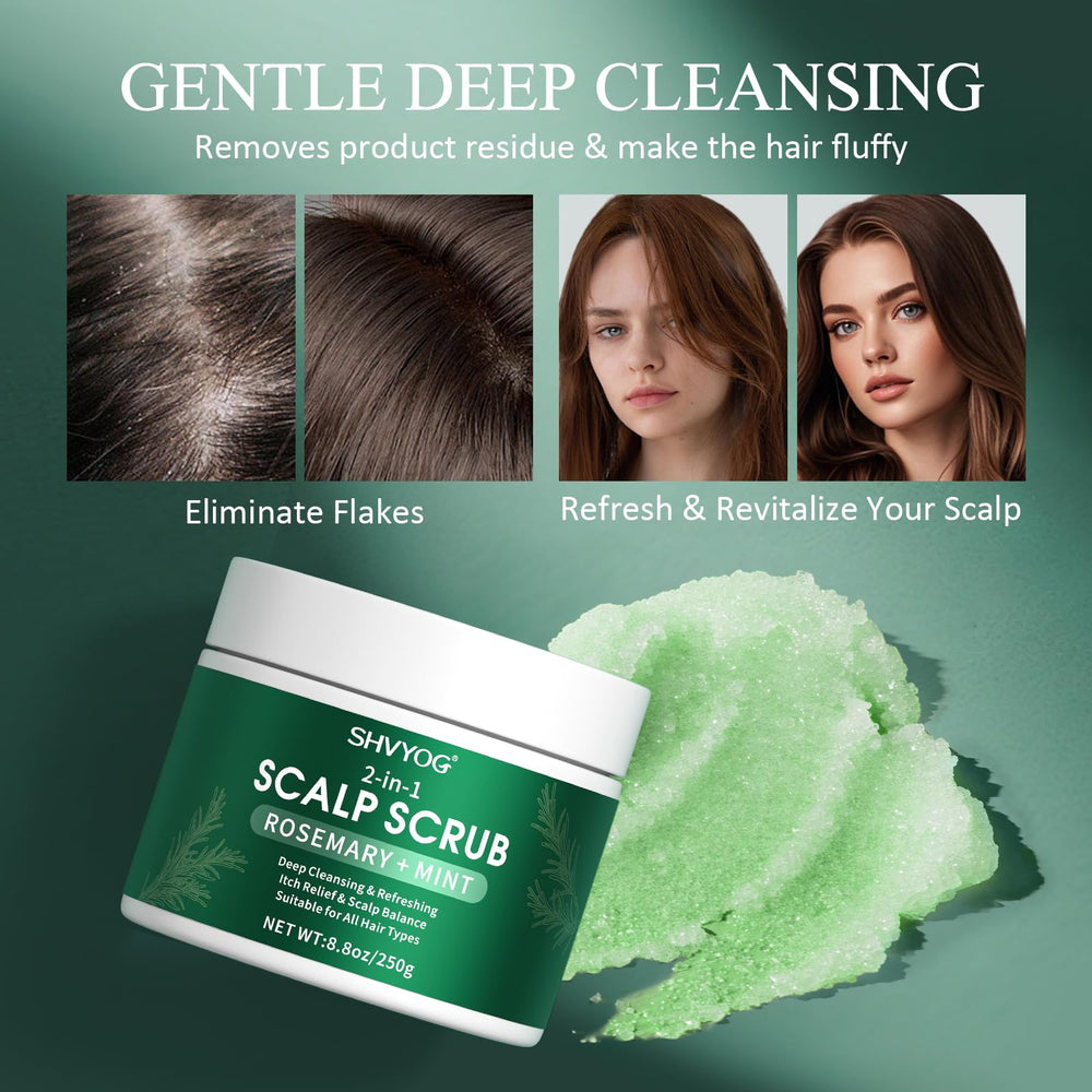 SHVYOG scrub being applied in shower showing clean rinse and refreshed scalp feeling