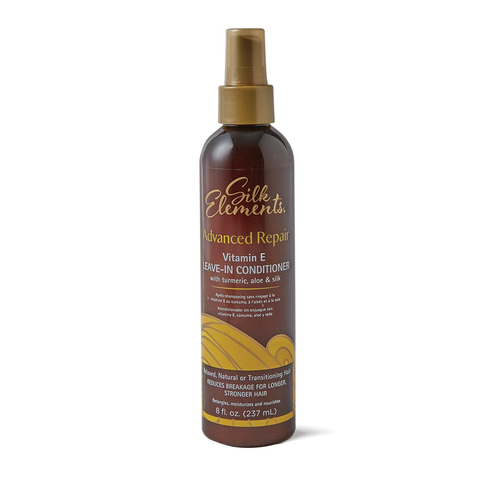 Silk Elements bottle front view showing Advanced Repair branding and benefits for easy styling