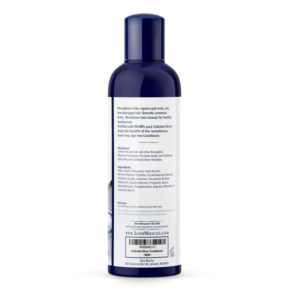 Silver Miracles conditioner held in hand to show size and travel-friendly benefit