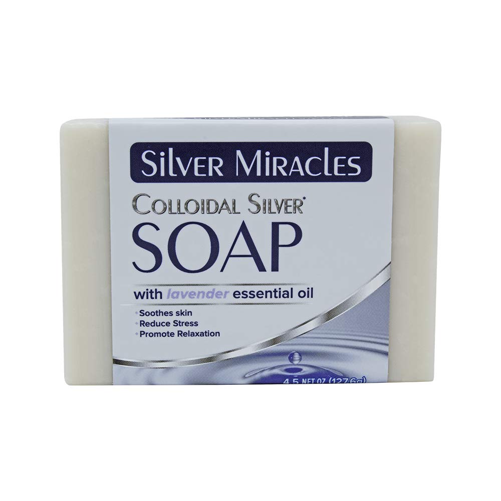 Silver Miracles front view of lavender soap bar showing clean packaging and gentle formula benefit