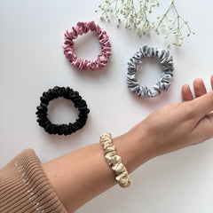 Silvr Bear scrunchies styled with an outfit to show color versatility and polish