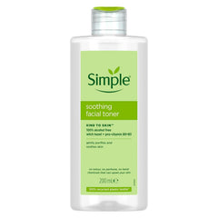 Simple soothing toner front packaging shows bottle and label, gentle cleansing benefit