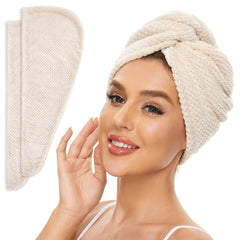 SimpleField front view of beige two-pack turbans showing neat folding and color benefit: quick drying