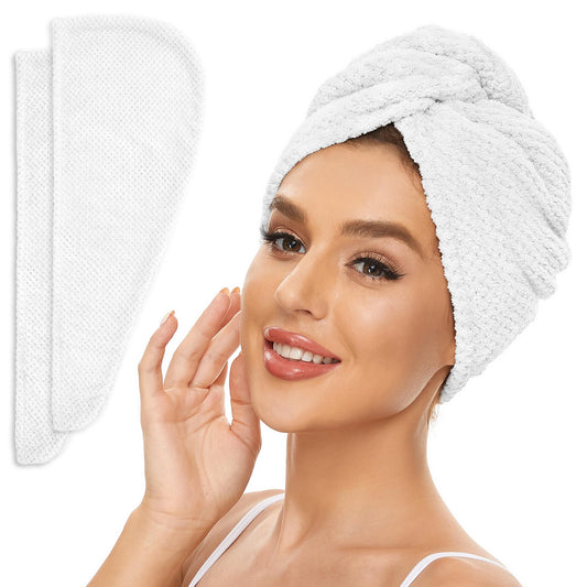 SimpleField front view of bright white towel pack showing two turbans benefiting quick drying
