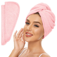 SimpleField pink two-pack front view showing compact folded turbans and benefit of quick drying