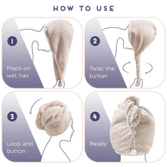 SimpleField beige turban in bathroom lifestyle scene showing benefit: easy everyday use