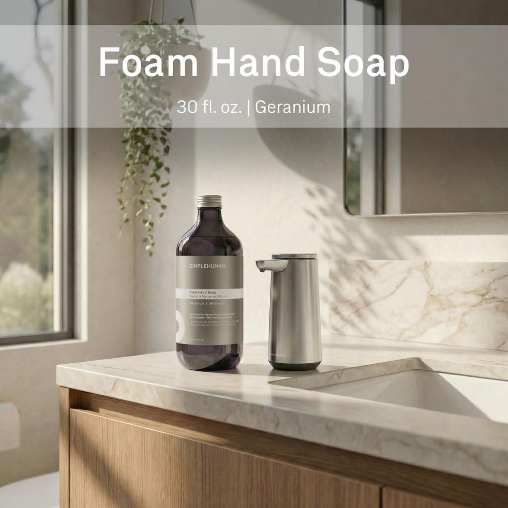 simplehuman close-up of soap dispensing from pump, shows consistent foam output