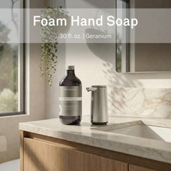 simplehuman close-up of soap dispensing from pump, shows consistent foam output