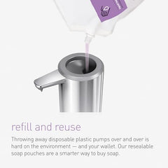 simplehuman pouring refill pouch into dispenser highlighting easy, spill-free refill