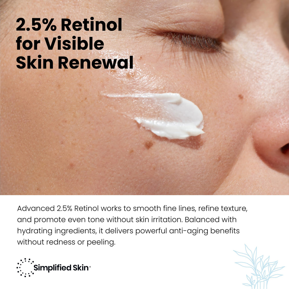Simplified Skin dispensing cream on fingertip illustrating controlled pump amount benefit: minimal waste