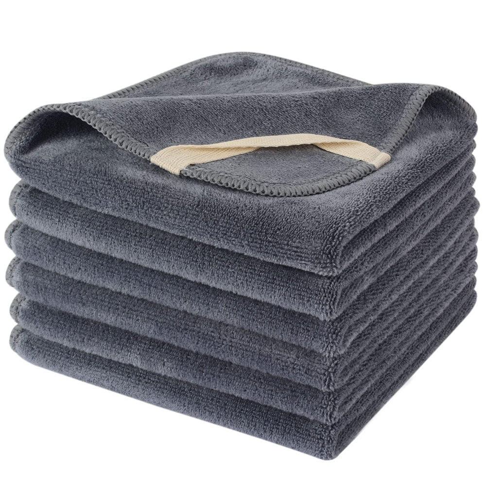 SINLAND front view of six grey washcloths showing packaging and size benefit