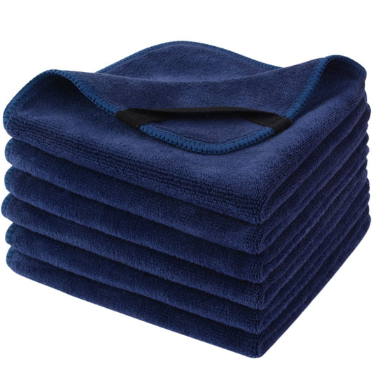SINLAND front view of six-pack navy blue washcloths showing neat fold and compact storage benefit