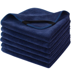 SINLAND front view of six-pack navy blue washcloths showing neat fold and compact storage benefit