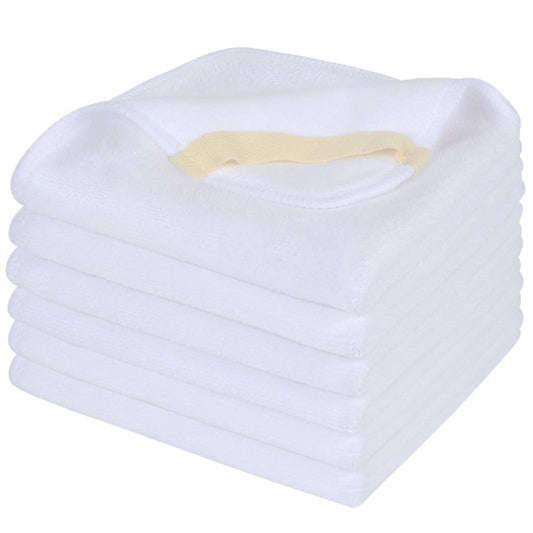 SINLAND front view of six white washcloths showing neat stack and packaging benefit: organized storage