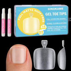 SINOKAME front packaging showing 300 clear press-on toenails and kit benefits