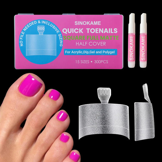SINOKAME front packaging showing 300-piece clear gel toe tip kit and glue for easy pedicures