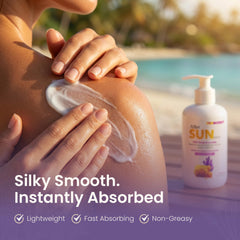 SION BIOTEXT in a beach bag suggesting portable post-sun care