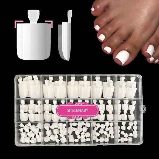SITELENABY front packaging of 150 white press-on toenails showing full set benefits
