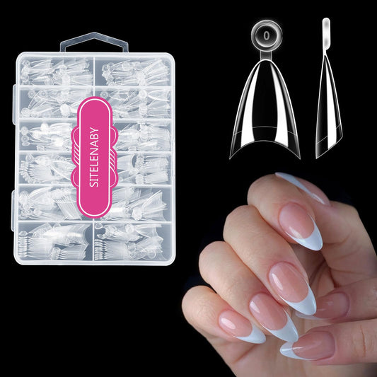 SITELENABY front boxed set showing 300 clear almond tips and packaging benefit rapid refills
