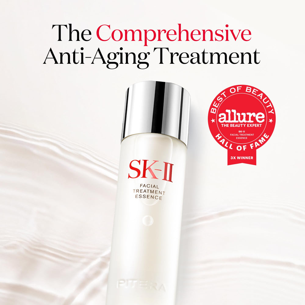 SK-II essence pouring from bottle into hands demonstrating easy dispense