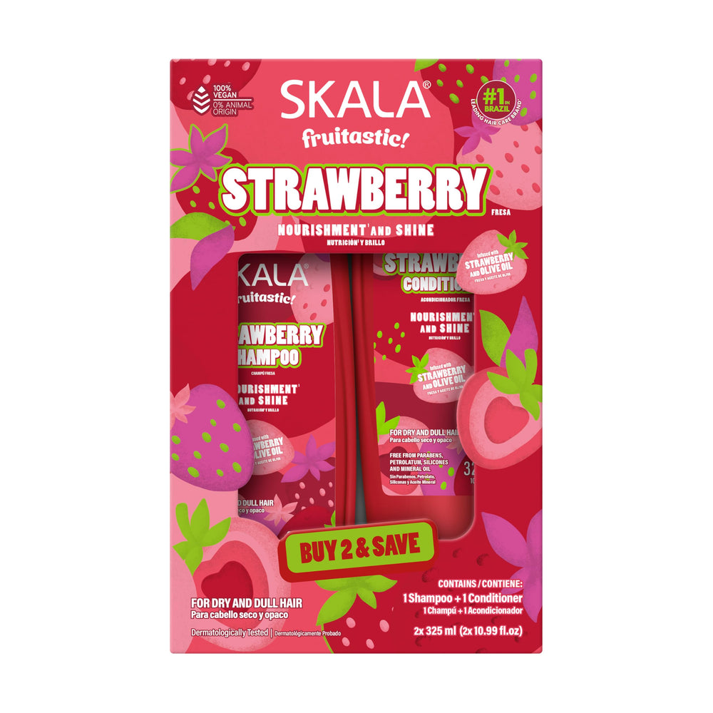 SKALA front packaging showing both strawberry shampoo and conditioner, promising hydrated hair