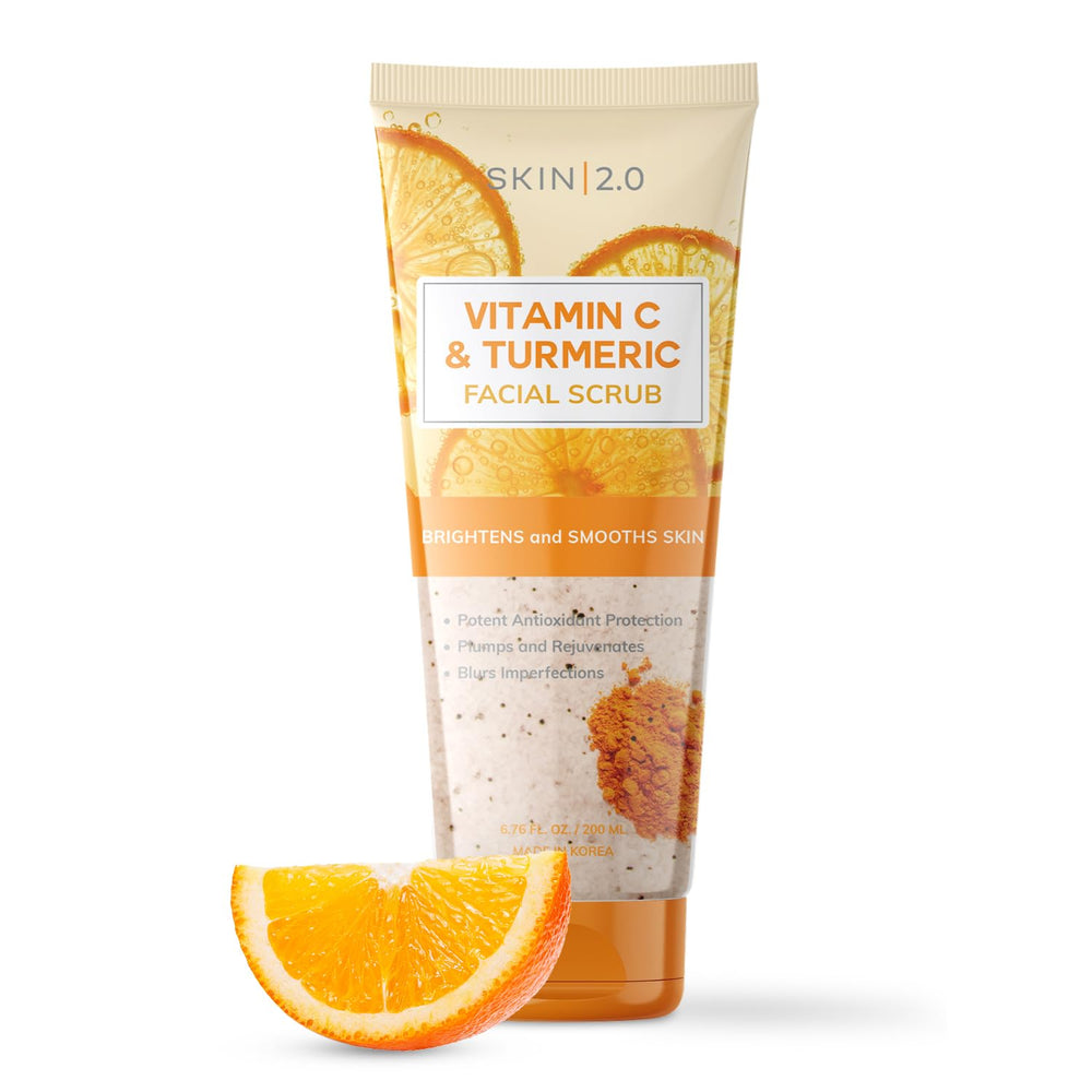 Skin 2.0 front packaging showing vitamin C and turmeric scrub benefits