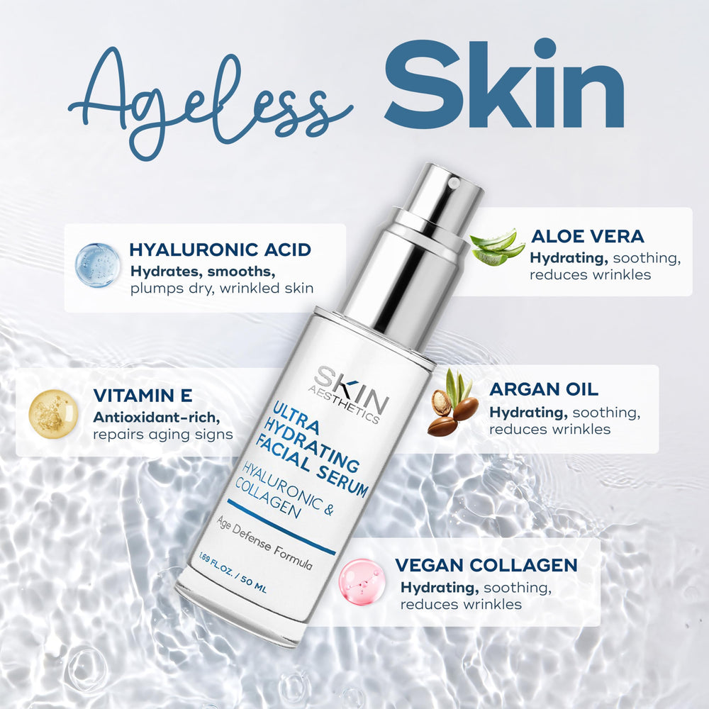Skin Aesthetics ingredients flatlay with hyaluronic acid and collagen for smoothing