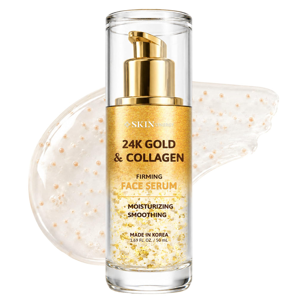 Skin Synergy bottle front view showing sleek packaging and clean beauty benefits