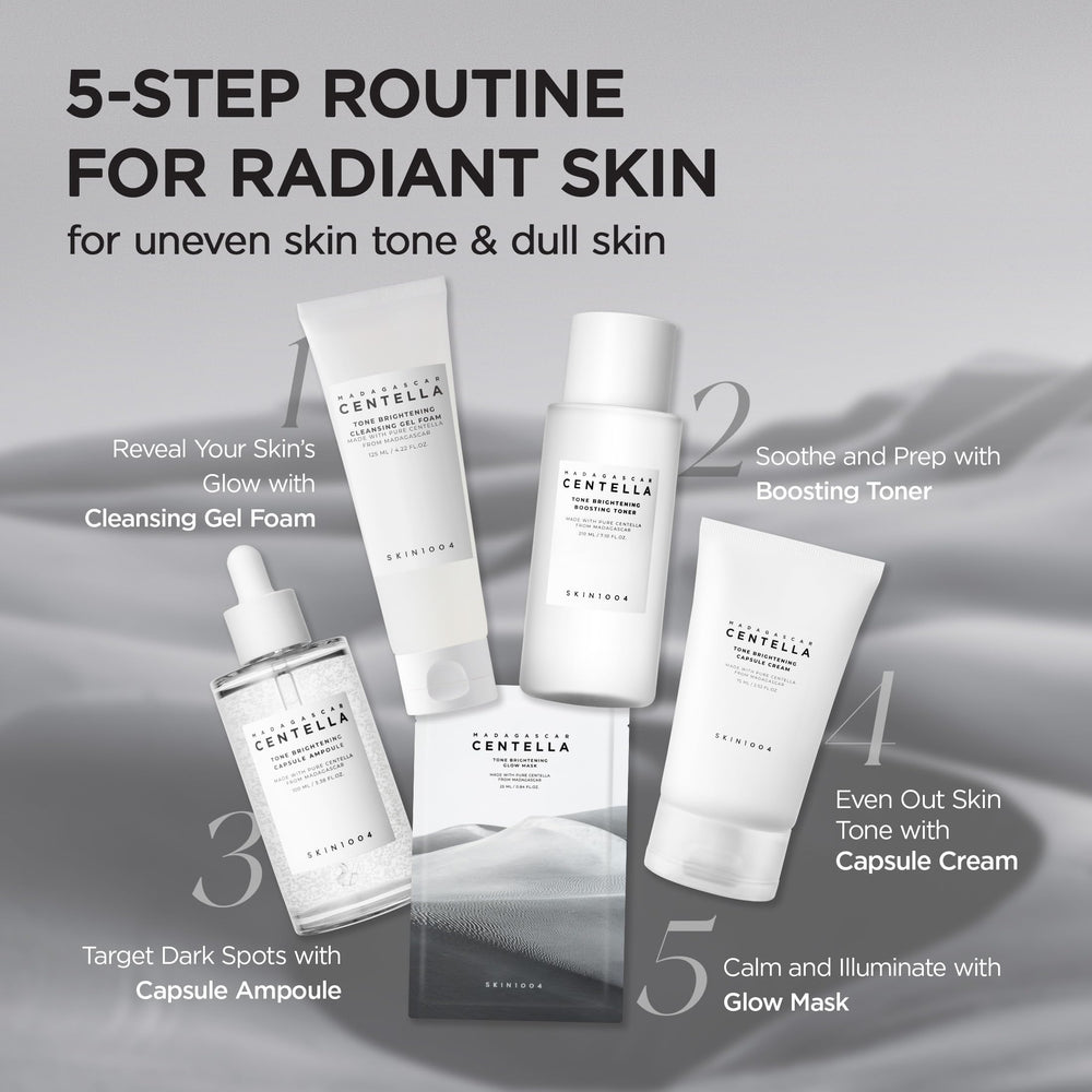 SKIN1004 five-pack flat lay in lifestyle scene for routine-ready benefit