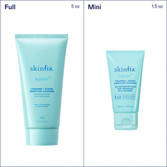 Skinfix mini cleanser before and after rinsed skin showing clean, refreshed complexion
