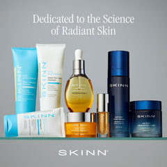 SKINN bottle on vanity lifestyle shot conveying daily routine radiance