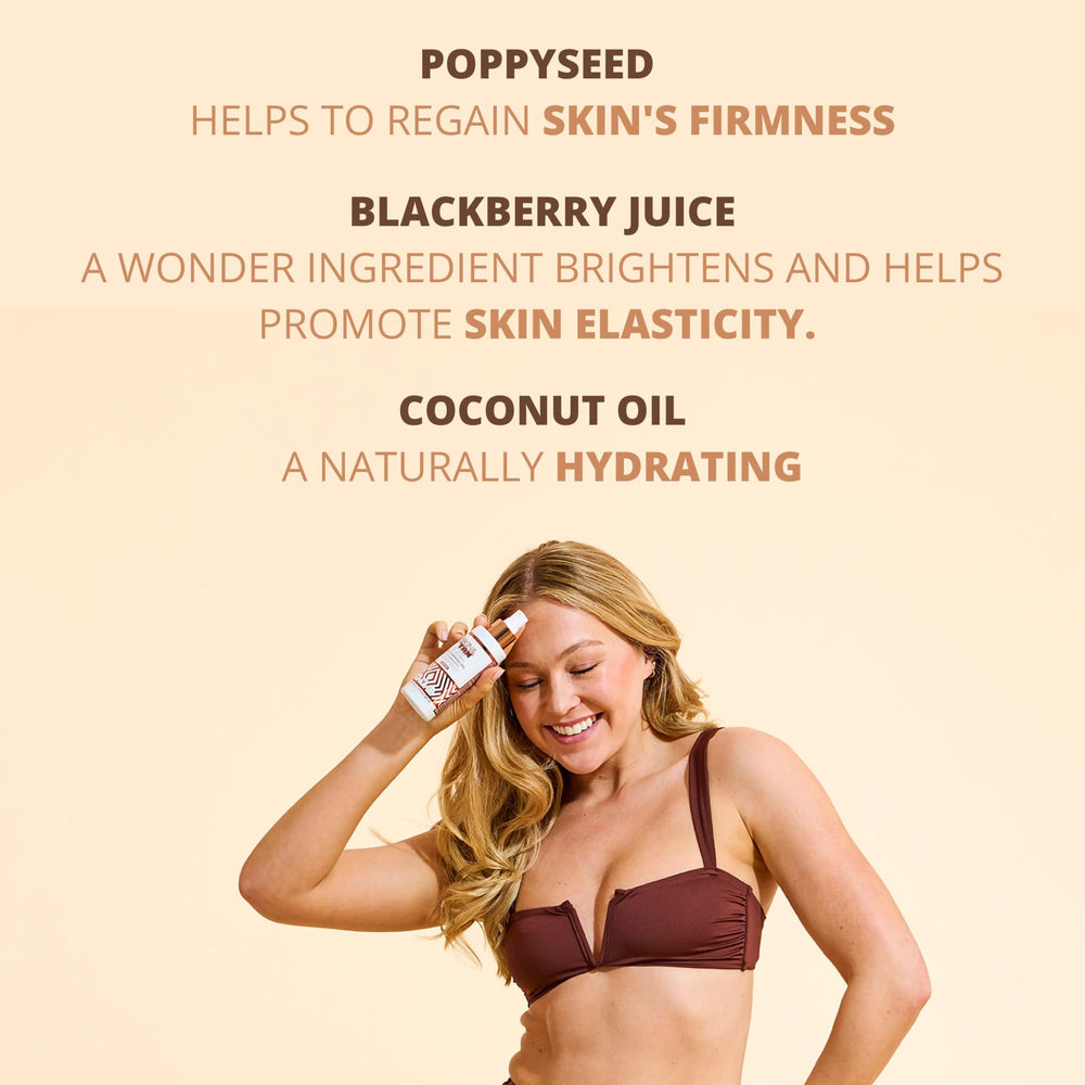 Skinny Tan product label close-up listing coconut oil and guarana extract benefits