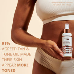Skinny Tan held in hand to show scale and travel-friendly 4.9 oz size